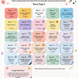 以下が含まれることがあります： LUREXENの30日間水彩画チャレンジシート。各日の課題が書かれたカラフルな角丸長方形、完了チェックボックス、四隅に配置された水彩画風のフラワーイラストが特徴で、上部には「30-Day Watercolor Challenge」のタイトルが記載されています。