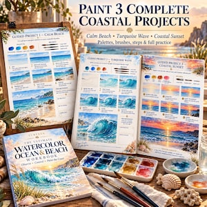 May include: A watercolour painting workbook titled The Ultimate Watercolor Ocean & Beach Workbook, featuring three guided coastal projects, a paint palette with various colours, and three paintbrushes on a textured surface with seashells.