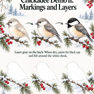 May include: A watercolor instructional print titled Chickadee Demo II: Markings and Layers. It features three illustrations of a chickadee on a snowy pine branch with red berries, showing the progression of painting layers, plus three blank outlines.