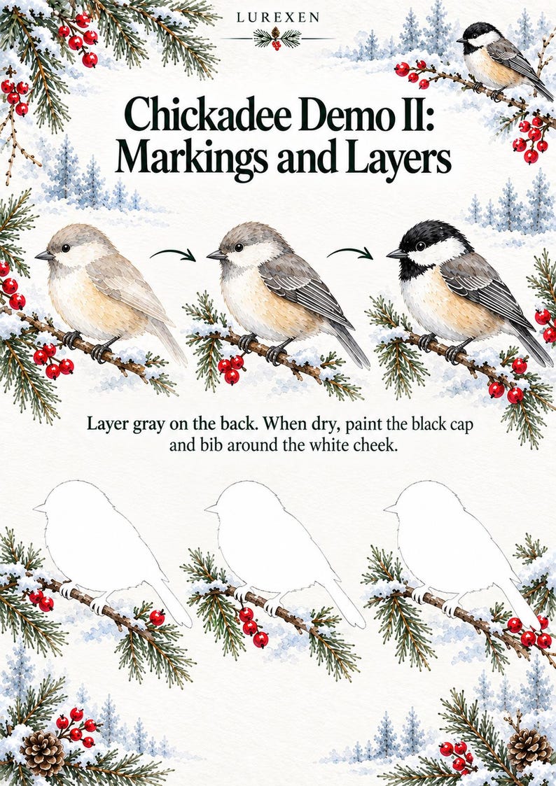 May include: A watercolor instructional print titled Chickadee Demo II: Markings and Layers. It features three illustrations of a chickadee on a snowy pine branch with red berries, showing the progression of painting layers, plus three blank outlines.