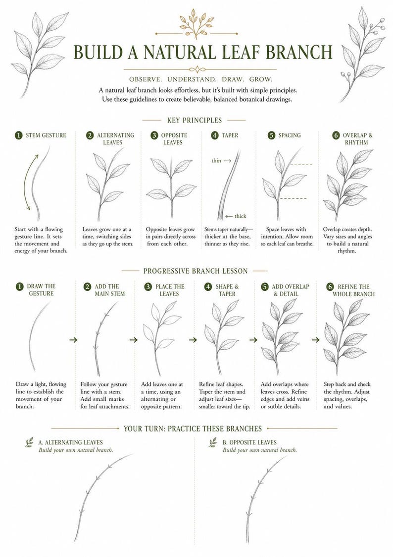 May include: An instructional poster titled BUILD A NATURAL LEAF BRANCH with black line drawings on a white background. It outlines six key principles for botanical drawing, a progressive lesson on branch construction, and practice exercises.