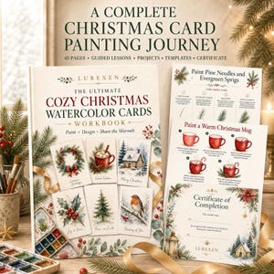 Könnte beinhalten: Ein Arbeitsbuch mit dem Titel A Complete Christmas Card Painting Journey von Lurexen, das Aquarellillustrationen von Kränzen, Tassen, Häusern und Vögeln zeigt. Enthält Anleitungsblätter zum Malen von Tannennadeln und Tassen sowie ein Zertifikat.