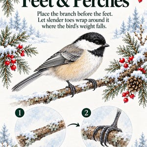 May include: An educational illustration titled Feet & Perches featuring a black-capped chickadee perched on a snowy branch with red berries. It includes text instructions and two circular diagrams showing how a bird's toes wrap around a branch.
