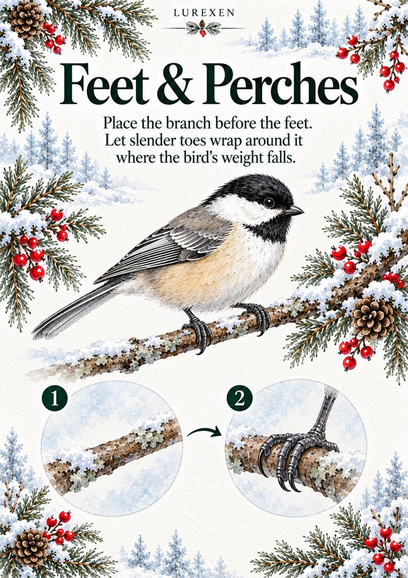 May include: An educational illustration titled Feet & Perches featuring a black-capped chickadee perched on a snowy branch with red berries. It includes text instructions and two circular diagrams showing how a bird's toes wrap around a branch.