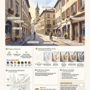 May include: An instructional infographic titled Project 02 Historic European Street, featuring a watercolor illustration of a town street with cyclists, a painting workflow, a composition blueprint, a master checklist, and an artist tip.