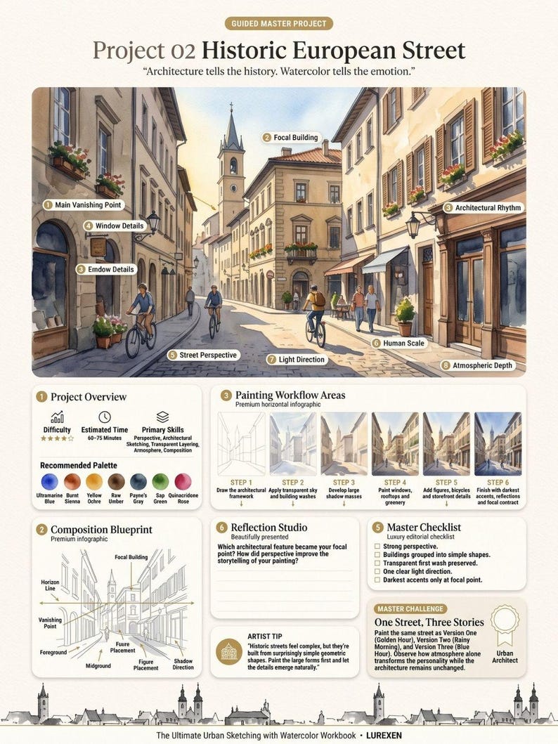 May include: An instructional infographic titled Project 02 Historic European Street, featuring a watercolor illustration of a town street with cyclists, a painting workflow, a composition blueprint, a master checklist, and an artist tip.