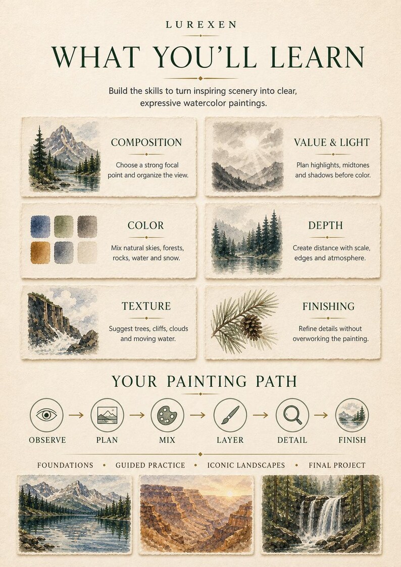 May include: An educational infographic titled LUREXEN WHAT YOU'LL LEARN featuring watercolor painting lessons. It includes sections on composition, light, color, depth, texture, and finishing, plus a painting path diagram and three landscape paintings.