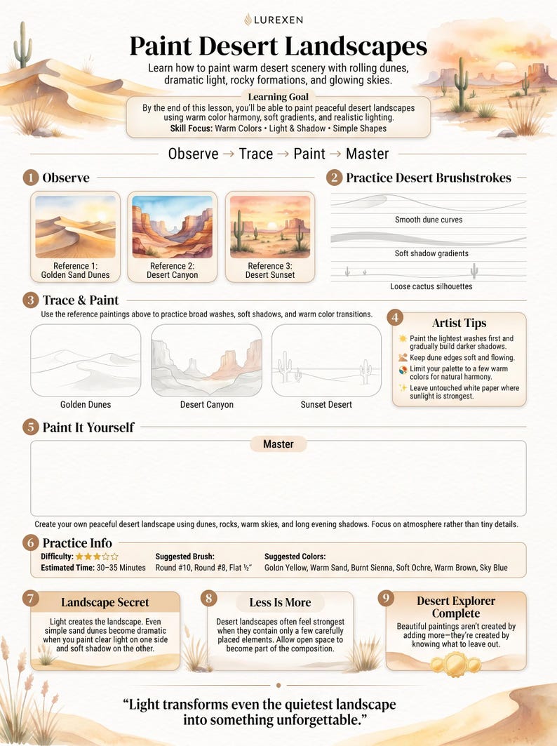 Op de afbeelding: Een educatieve kunstgids getiteld Paint Desert Landscapes van Lurexen. Het document bevat secties over het observeren, overtrekken en schilderen van woestijnlandschappen met warme kleuren, inclusief referentiebeelden en tips.