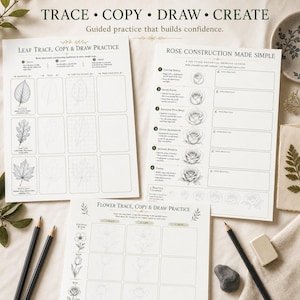 May include: Three white instructional drawing worksheets titled Trace, Copy, Draw, Create. The sheets feature black line illustrations of leaves, roses, and flowers with step-by-step guides, empty grid boxes for practice, and two black pencils and an eraser.