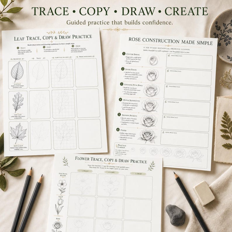 May include: Three white instructional drawing worksheets titled Trace, Copy, Draw, Create. The sheets feature black line illustrations of leaves, roses, and flowers with step-by-step guides, empty grid boxes for practice, and two black pencils and an eraser.