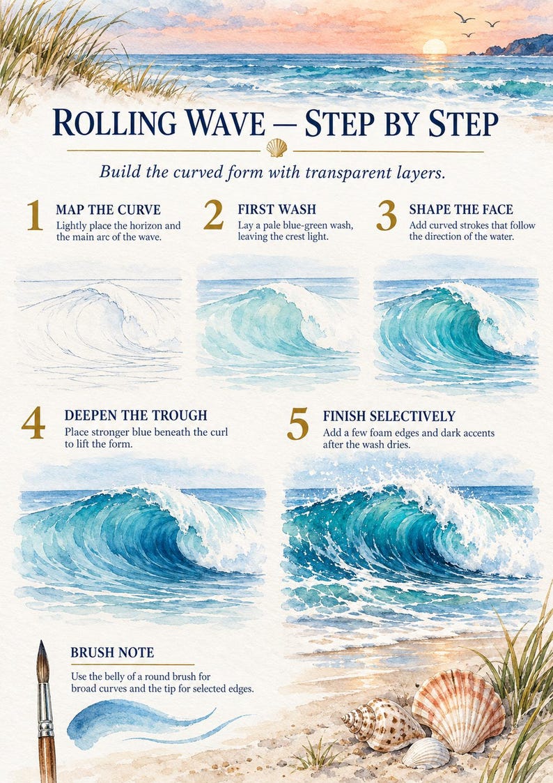 May include: An instructional watercolour painting guide titled Rolling Wave - Step by Step. It features five numbered stages showing the progression of painting an ocean wave, from initial pencil lines to a finished scene with sea shells at the bottom.