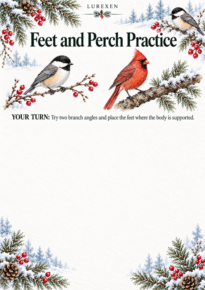 May include: A white instructional sheet titled Feet and Perch Practice by LUREXEN, featuring illustrations of a black-capped chickadee and a red cardinal on snowy pine branches with red berries, including the text: YOUR TURN: Try two branch angles.