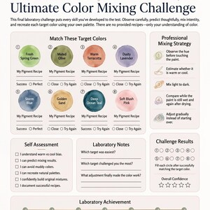 May include: A page titled Ultimate Color Mixing Challenge from The Ultimate Watercolor Color Mixing Laboratory by Lurexen. It features eight target colour circles, a professional mixing strategy list, self-assessment checkboxes, and a laboratory achievement progress bar.