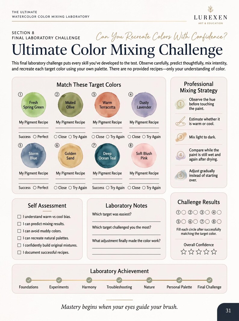 May include: A page titled Ultimate Color Mixing Challenge from The Ultimate Watercolor Color Mixing Laboratory by Lurexen. It features eight target colour circles, a professional mixing strategy list, self-assessment checkboxes, and a laboratory achievement progress bar.