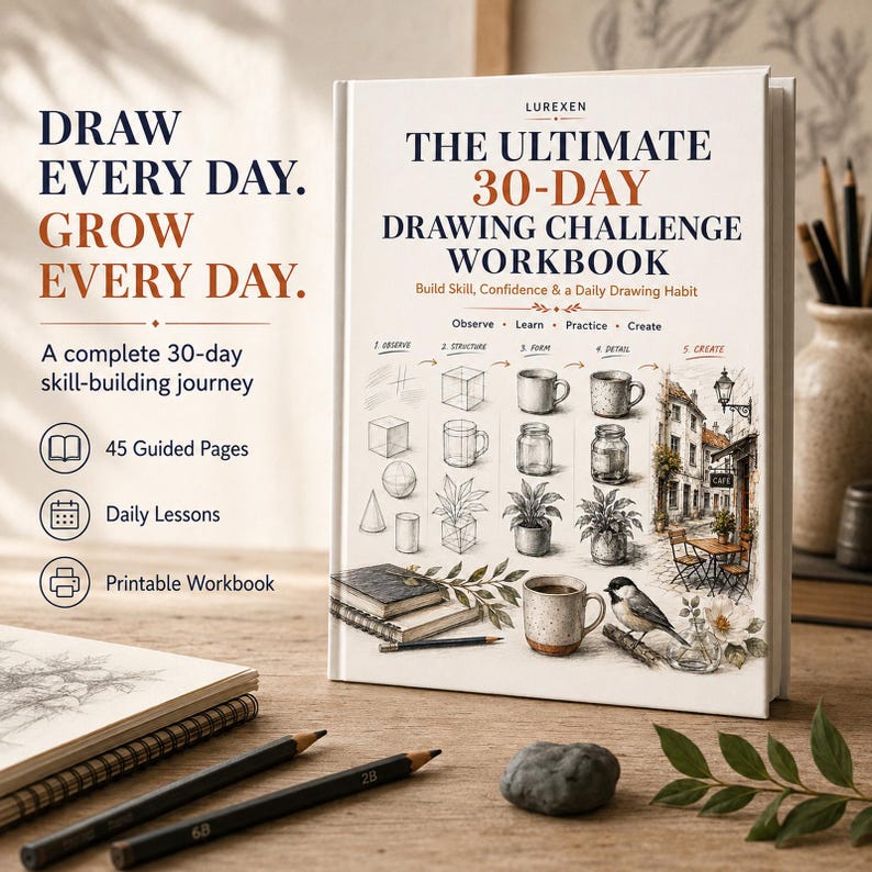 Puede incluir: Un libro de ejercicios de tapa dura blanco titulado The Ultimate 30-Day Drawing Challenge Workbook de Lurexen. La portada presenta bocetos instructivos de formas geom&eacute;tricas, tazas, plantas y una escena callejera con 45 p&aacute;ginas guiadas.