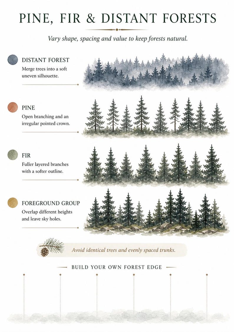 May include: An instructional art guide titled PINE, FIR & DISTANT FORESTS. It features watercolor illustrations of forest types with text labels: DISTANT FOREST, PINE, FIR, and FOREGROUND GROUP. Includes tips on tree spacing, branching, and layering.