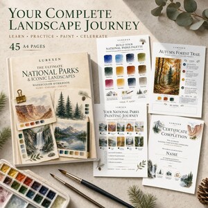 May include: A watercolor workbook titled The Ultimate National Parks & Iconic Landscapes with 45 A4 pages, accompanied by instructional sheets, a painting journey checklist, a certificate of completion, a paint palette, and two paintbrushes.