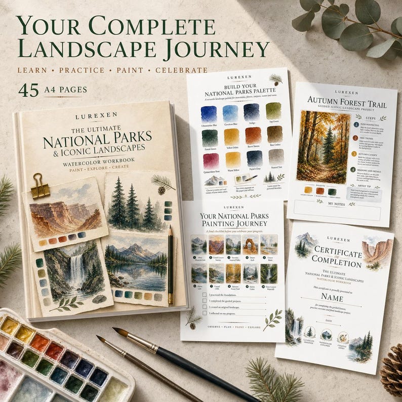 May include: A watercolor workbook titled The Ultimate National Parks & Iconic Landscapes with 45 A4 pages, accompanied by instructional sheets, a painting journey checklist, a certificate of completion, a paint palette, and two paintbrushes.