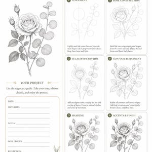 May include: A botanical drawing guide titled Guided Project: Rose & Eucalyptus. It features a reference illustration of a rose and eucalyptus branch, six progressive drawing stages, and a project log section with lines for date, materials, and notes.