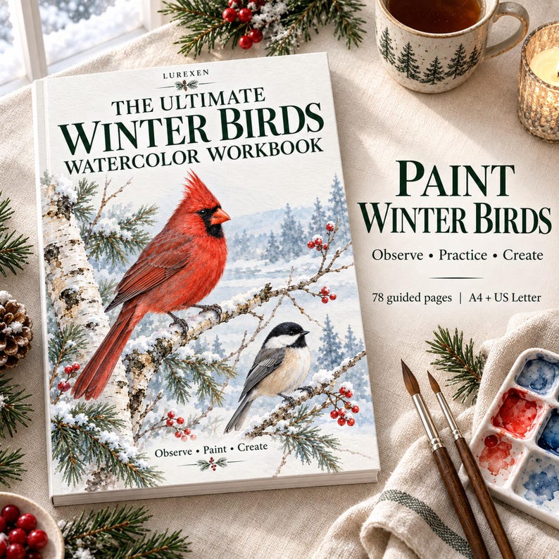 May include: A watercolor workbook titled The Ultimate Winter Birds featuring a red cardinal and a black-capped chickadee on snowy branches. The cover includes the text Paint Winter Birds, Observe, Practice, Create, and 78 guided pages, A4 + US Letter.
