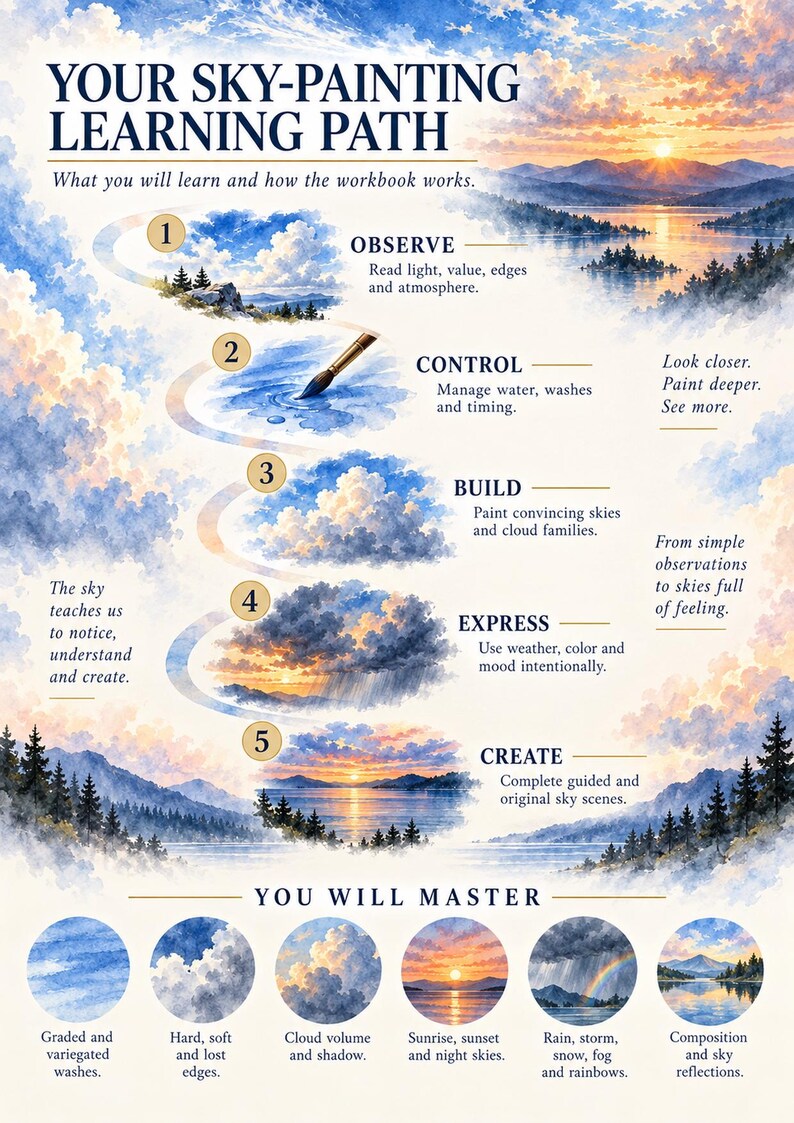 Op de afbeelding: Een educatieve infographic getiteld YOUR SKY-PAINTING LEARNING PATH, met vijf genummerde stappen ge&iuml;llustreerd met aquarelachtige schilderijen van wolken, landschappen en zonsondergangen, samen met beschrijvende tekst over schildertechnieken.