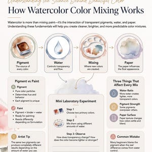 May include: An educational infographic titled The Ultimate Watercolor Color Mixing Laboratory by Lurexen. It explains watercolour science through sections on pigment, water, mixing, and paper, including a mini laboratory experiment and tips.