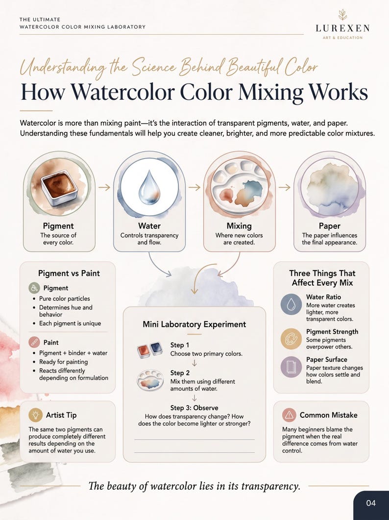 May include: An educational infographic titled The Ultimate Watercolor Color Mixing Laboratory by Lurexen. It explains watercolour science through sections on pigment, water, mixing, and paper, including a mini laboratory experiment and tips.
