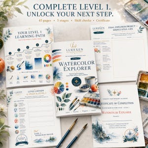 以下が含まれることがあります： Lurexen Watercolor Academyレベル1学習セット。Watercolor Explorerガイドブック、学習パスチャート、復習シート、最終プロジェクトページ、修了証書、および2本の絵筆が含まれています。