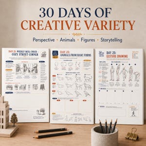 Puede incluir: Tres hojas de dibujo instructivas tituladas 30 Days of Creative Variety, con lecciones sobre perspectiva, animales y dibujo de gestos. Las p&aacute;ginas incluyen diagramas, texto e ilustraciones para ejercicios diarios, junto a dos l&aacute;pices y un clip.