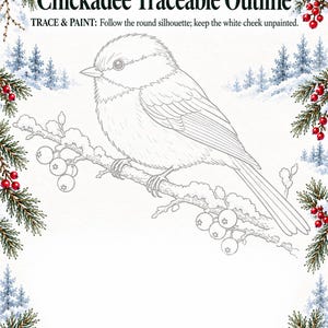 May include: A printable art sheet titled Chickadee Traceable Outline with the text TRACE & PAINT: Follow the round silhouette; keep the white cheek unpainted. The center features a line drawing of a chickadee on a branch, framed by watercolor illustrations of pine branches, red berries, pinecones, and snowy trees.
