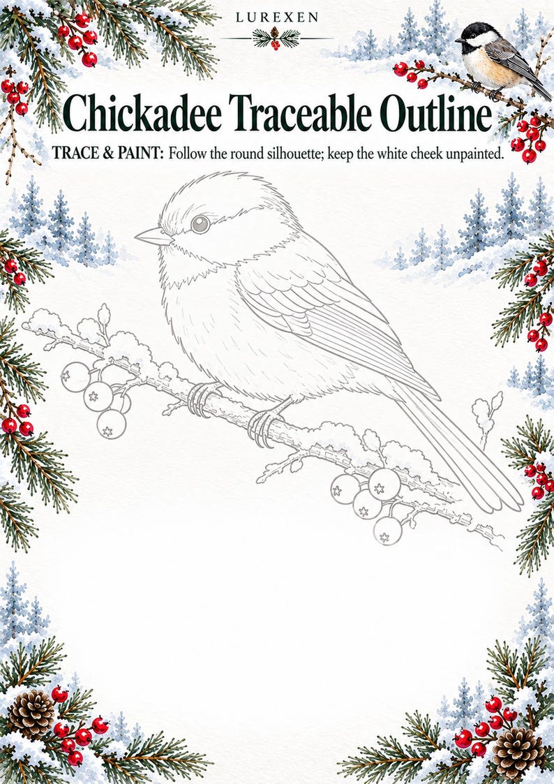 May include: A printable art sheet titled Chickadee Traceable Outline with the text TRACE & PAINT: Follow the round silhouette; keep the white cheek unpainted. The center features a line drawing of a chickadee on a branch, framed by watercolor illustrations of pine branches, red berries, pinecones, and snowy trees.