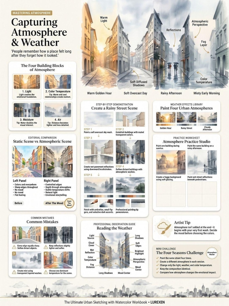 May include: An instructional infographic titled Mastering Atmosphere: Capturing Atmosphere & Weather, featuring watercolor painting techniques for urban scenes, including step-by-step demonstrations, common mistakes, and practice exercises for artists.