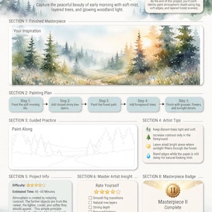 Op de afbeelding: Een pagina uit een aquarelwerkboek getiteld Masterpiece Project 2: Misty Forest Morning. Het bevat een aquarel landschapsillustratie, een schilderplan in vijf stappen, een begeleide oefening, kunstenaarstips en een badge.