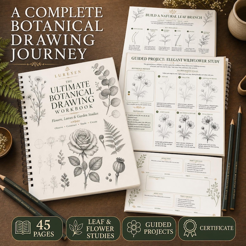 May include: A spiral-bound botanical drawing workbook titled The Ultimate Botanical Drawing Workbook by Lurexen, featuring black and white illustrations of flowers and leaves, alongside instructional pages for guided projects and two pencils.