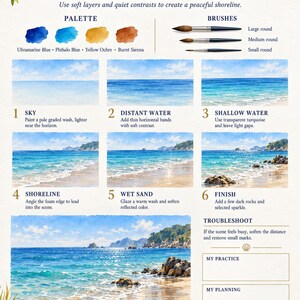 May include: A watercolour tutorial sheet titled Guided Project 1 - Calm Beach. It features a colour palette of Ultramarine Blue, Phthalo Blue, Yellow Ochre, and Burnt Sienna, three round brushes, and six step-by-step illustrations of a coastal scene.