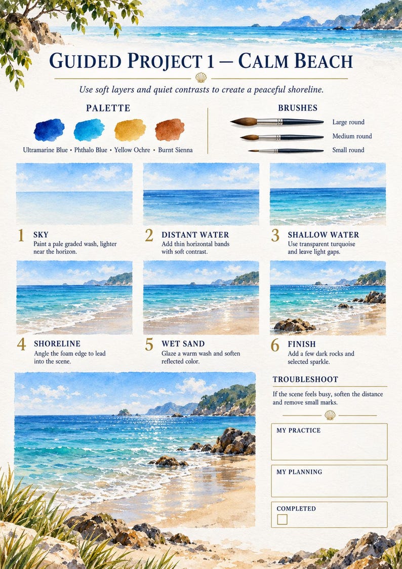 May include: A watercolour tutorial sheet titled Guided Project 1 - Calm Beach. It features a colour palette of Ultramarine Blue, Phthalo Blue, Yellow Ochre, and Burnt Sienna, three round brushes, and six step-by-step illustrations of a coastal scene.