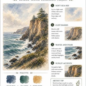 May include: A Lurexen instructional art guide titled Coastal Cliffs & Ocean Light. It features a watercolor painting of a rocky coastline, four numbered steps with text, a color palette showing ocean blue, sea green, and warm stone, and a notes section.