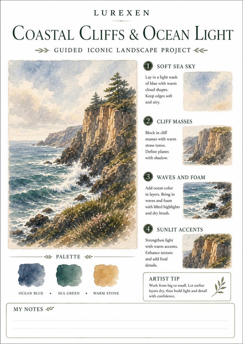 May include: A Lurexen instructional art guide titled Coastal Cliffs & Ocean Light. It features a watercolor painting of a rocky coastline, four numbered steps with text, a color palette showing ocean blue, sea green, and warm stone, and a notes section.