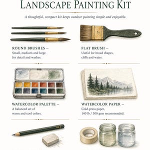 May include: A Lurexen portable landscape painting kit illustration featuring three round brushes, a one-inch flat brush, a watercolor palette, watercolor paper with a mountain landscape, an HB pencil, an eraser, masking tape, and two water jars.