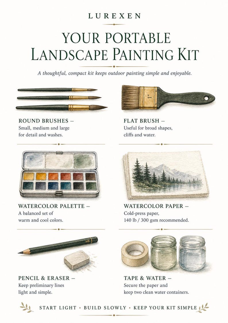 May include: A Lurexen portable landscape painting kit illustration featuring three round brushes, a one-inch flat brush, a watercolor palette, watercolor paper with a mountain landscape, an HB pencil, an eraser, masking tape, and two water jars.