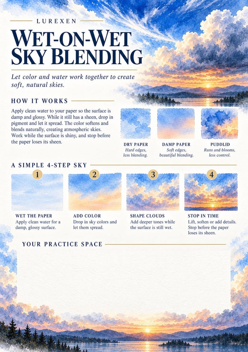 Op de afbeelding: Een instructieve kunstgids getiteld LUREXEN WET-ON-WET SKY BLENDING. Het bevat een aquarel zonsonderganglandschap, diagrammen over papiervochtigheid en een genummerd proces in vier stappen voor het schilderen van luchten met een lege oefenruimte.