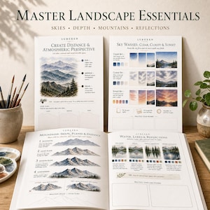May include: A set of instructional art guides titled Master Landscape Essentials by Lurexen, featuring watercolor techniques for skies, mountains, and reflections. The pages include diagrams, color swatches, and practice spaces for painting landscapes.