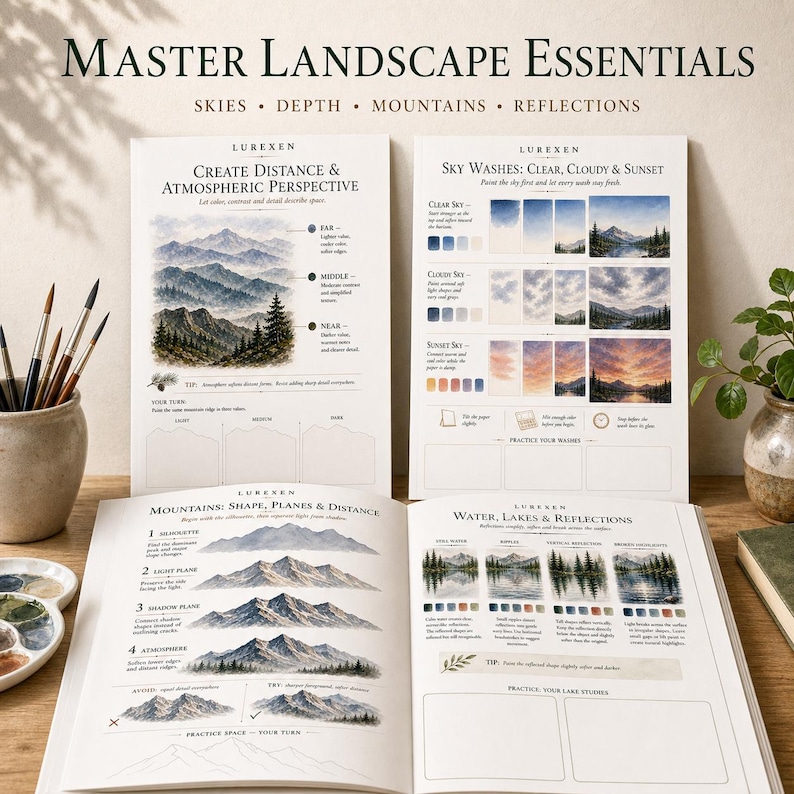 May include: A set of instructional art guides titled Master Landscape Essentials by Lurexen, featuring watercolor techniques for skies, mountains, and reflections. The pages include diagrams, color swatches, and practice spaces for painting landscapes.