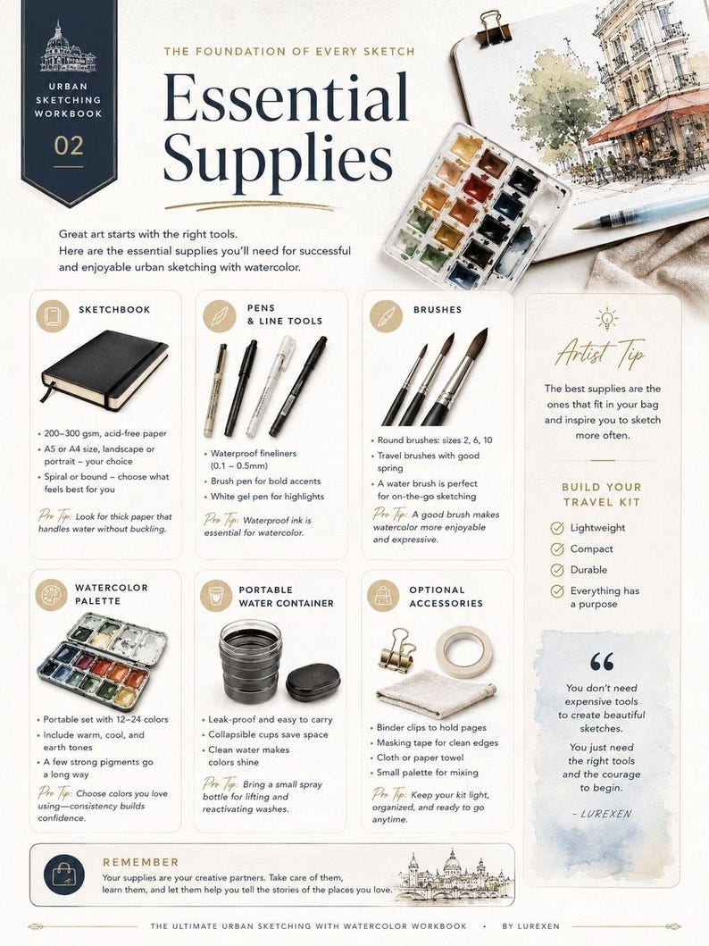 May include: An instructional infographic titled Urban Sketching Workbook 02 Essential Supplies. It displays watercolor painting tools including a sketchbook, fineliners, brushes, a 12-color palette, a collapsible water cup, and binder clips with text.