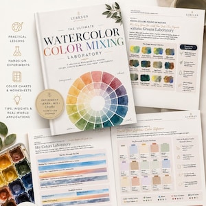 May include: A watercolour colour mixing workbook titled The Ultimate Watercolour Colour Mixing Laboratory, featuring a colour wheel illustration, pages on natural greens and sky colours, swatch archives, and a watercolour paint set with various pigment pans.