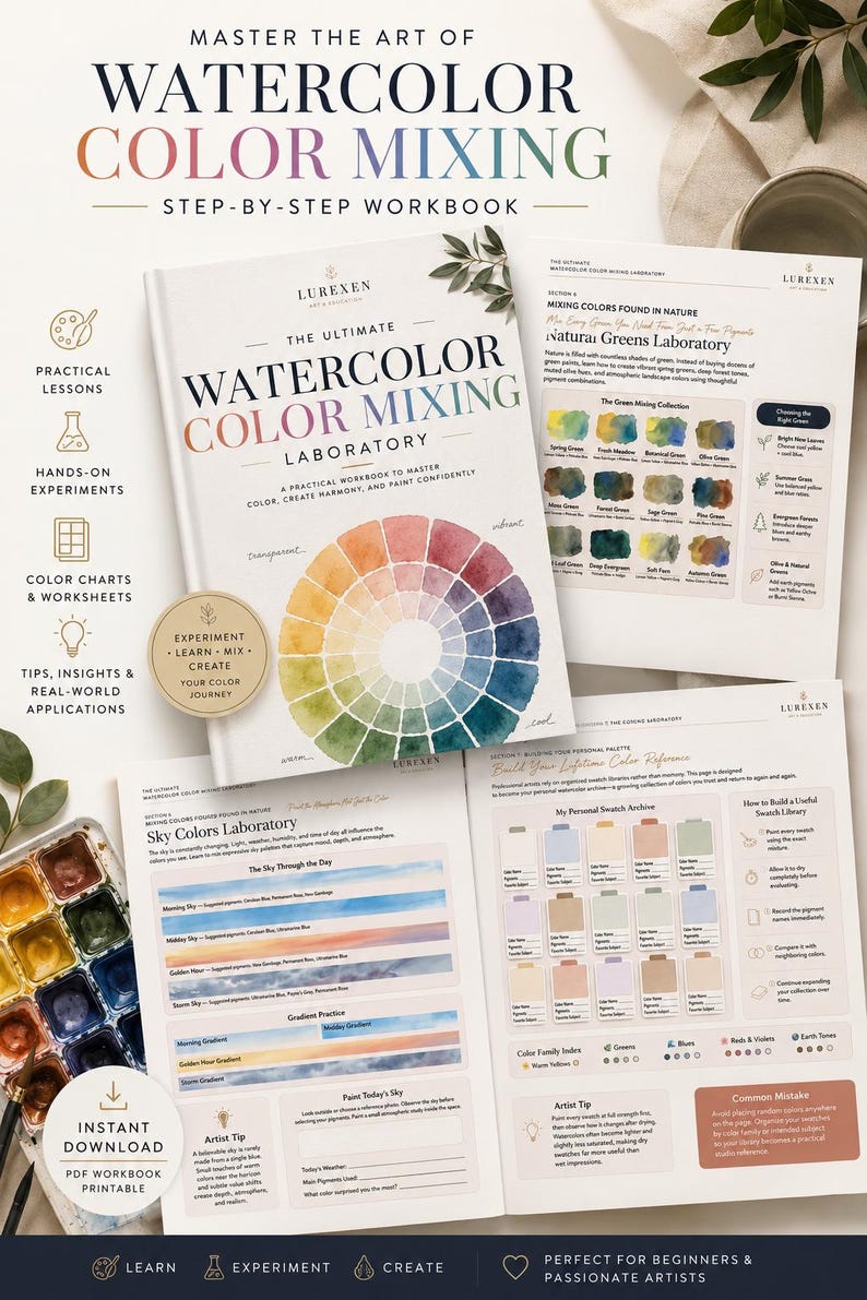 May include: A watercolour colour mixing workbook titled The Ultimate Watercolour Colour Mixing Laboratory, featuring a colour wheel illustration, pages on natural greens and sky colours, swatch archives, and a watercolour paint set with various pigment pans.