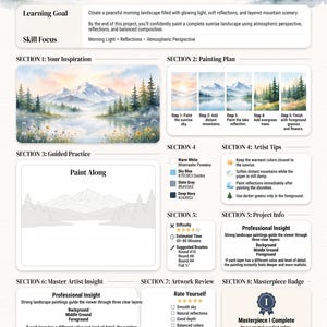 Op de afbeelding: Een educatieve kunstgids getiteld Lurexen Masterpiece Project 1 Sunrise Mountain Lake. Het bevat een aquarel landschap, een schilderplan in vijf stappen, kleurenpaletten, kunstenaarstips, een oefenhandleiding en een badge voor projectvoltooiing.
