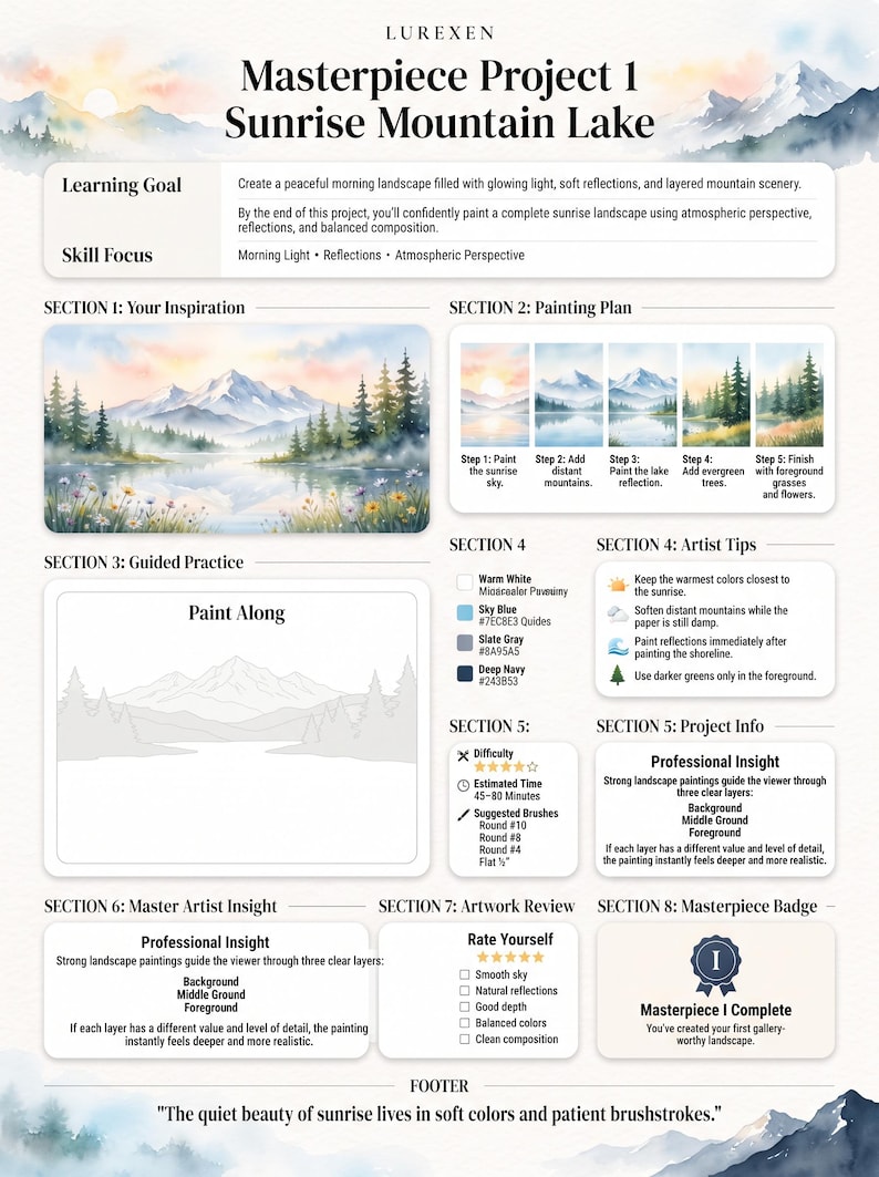 Op de afbeelding: Een educatieve kunstgids getiteld Lurexen Masterpiece Project 1 Sunrise Mountain Lake. Het bevat een aquarel landschap, een schilderplan in vijf stappen, kleurenpaletten, kunstenaarstips, een oefenhandleiding en een badge voor projectvoltooiing.