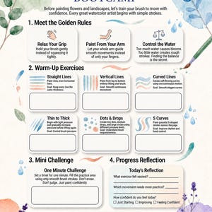 May include: A watercolor practice sheet titled Brush Control Bootcamp with sections for golden rules, warm-up exercises including straight, vertical, curved, and S-lines, dots, and drops, a mini challenge, and a progress reflection section with floral art.