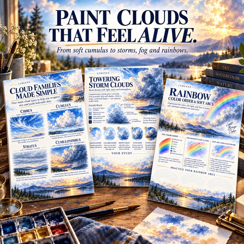Op de afbeelding: Drie instructieve kunstgidsen getiteld Paint Clouds That Feel Alive, Cloud Families Made Simple, Towering Storm Clouds en Rainbow Color Order & Soft Arcs, met aquarelillustraties van diverse wolkenformaties en regenbogen.
